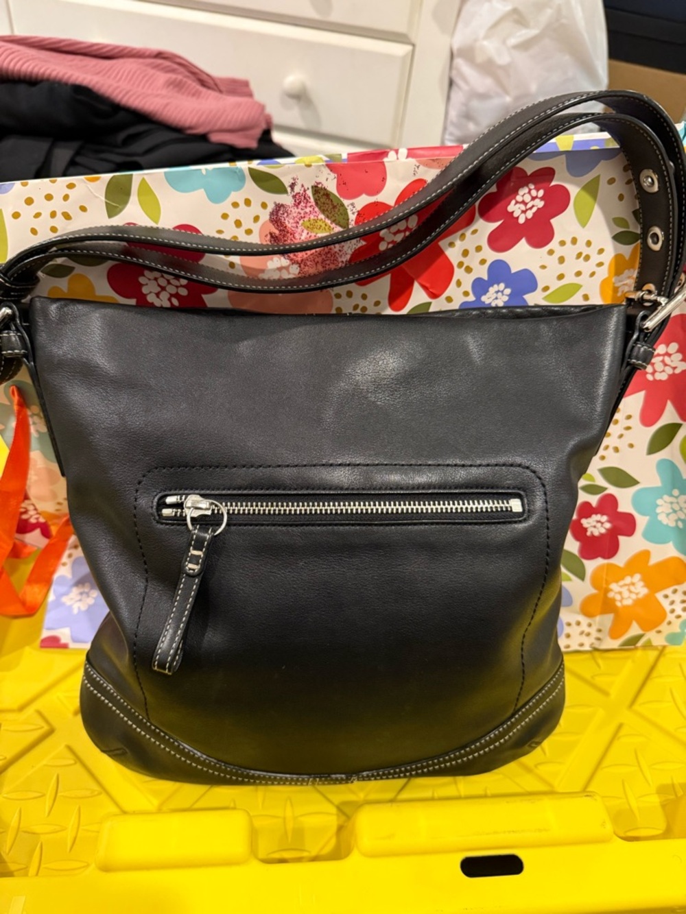 Coach Black Leather Shoulder Bag with Front Zip Pocket